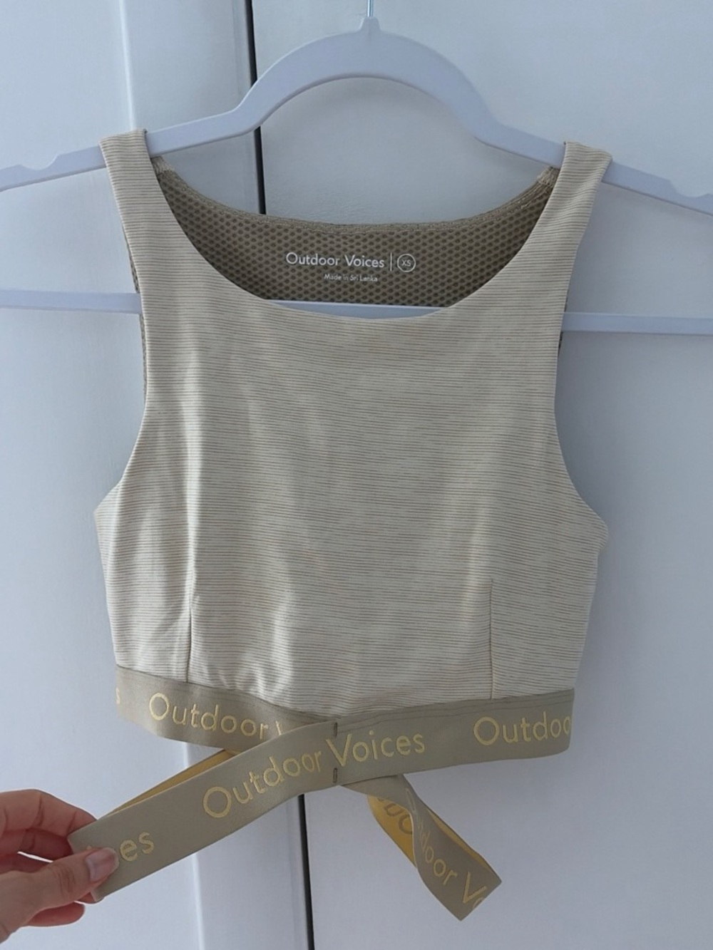 Outdoor Voices Beige Cream Cropped Camisole Sports Bra with Branded Tie